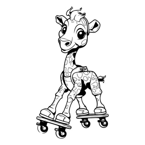 Giraffe on roller skates. Black and white vector illustration.