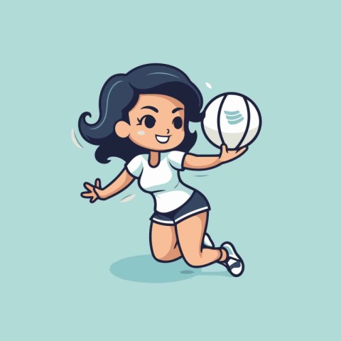 Cute little girl playing volleyball. Vector illustration. Cartoo