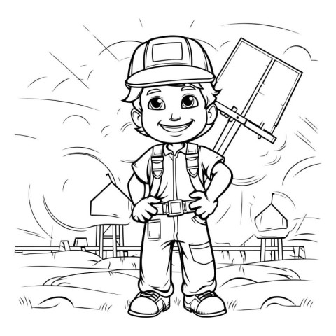 Black and White Cartoon Illustration of Kid Construction Worker