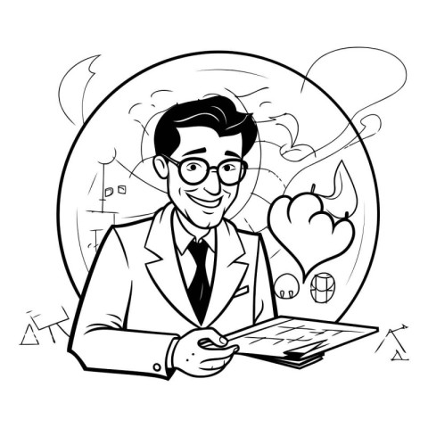 A man in a business suit and glasses holds a tablet in his hands