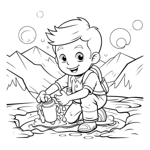 Black and White Cartoon Illustration of Little Boy Camping on th