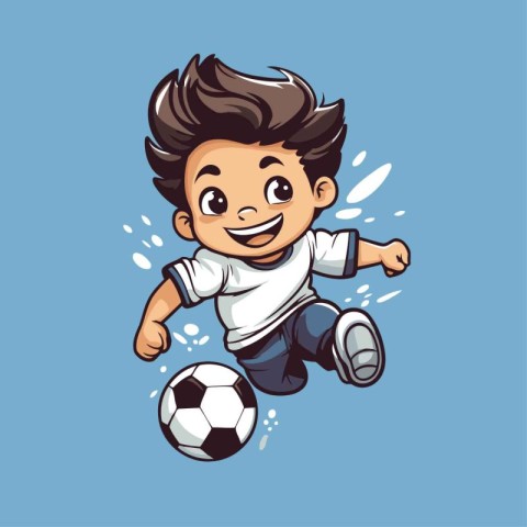 Cartoon soccer player running with ball isolated on blue backgro