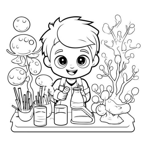 Black and White Cartoon Illustration of Kid Boy Doing Science Ex