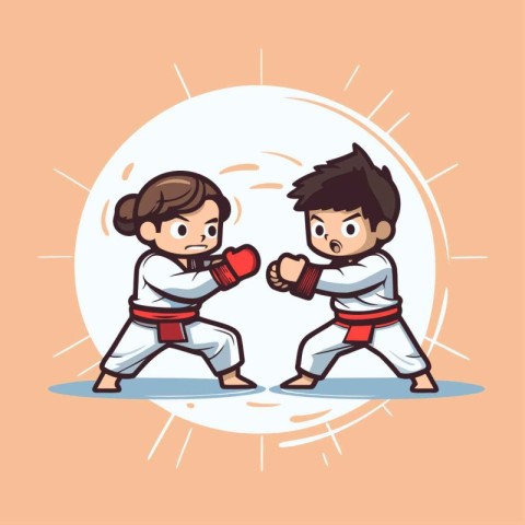 Boy and girl fighting karate. Vector illustration. Cartoon style