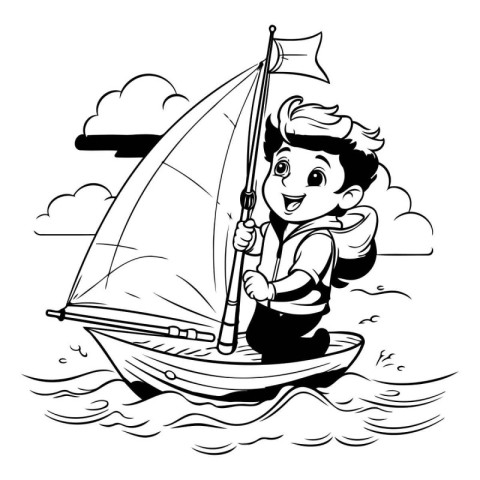 Boy sailing on a boat. black and white vector cartoon illustrati