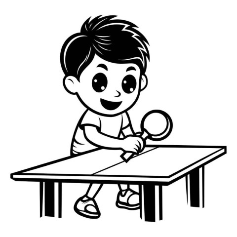 Cute boy playing table tennis - Black and White Cartoon Illustra