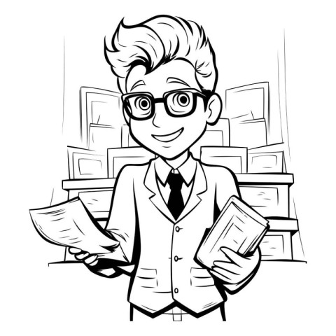 Black and White Cartoon Illustration of Businessman Reading Docu