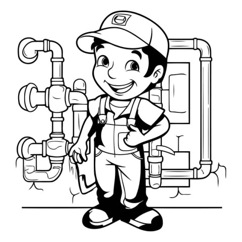 Plumber with Pipe - Black and White Cartoon Illustration. Vector