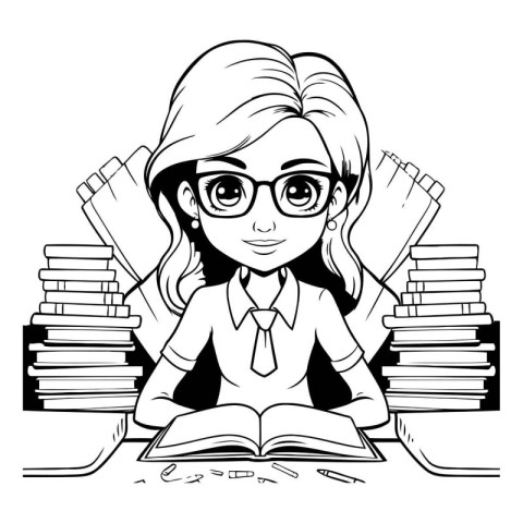 Girl Student Studying with Books - Black and White Cartoon Illus