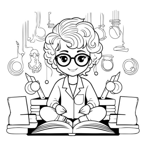 Black and White Cartoon Illustration of Girl Reading a Book Colo