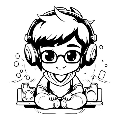 Black and White Cartoon Illustration of Cute Little Boy Kid Wear