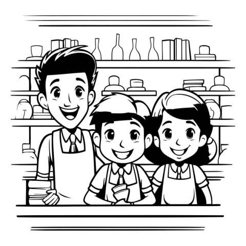 supermarket shelf with people in black and white vector illustra