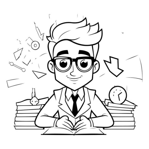 Black and White Cartoon Illustration of Businessman Reading a Bo