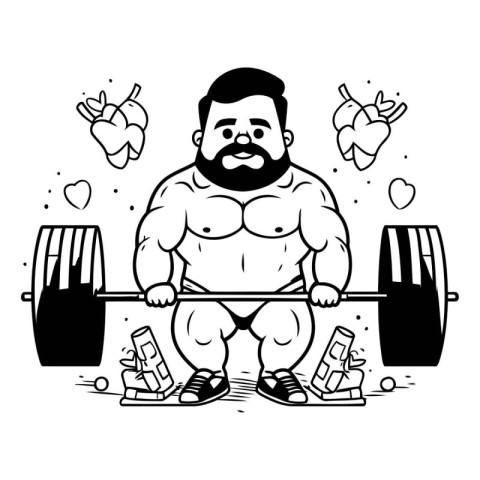 Fat man lifting barbell in the gym. Black and white vector illus