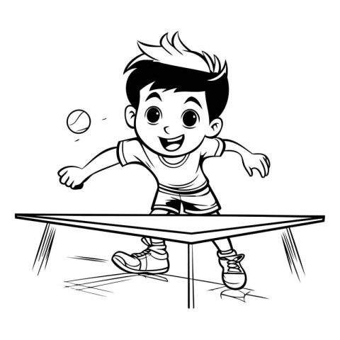 Boy playing table tennis. Black and white vector illustration fo