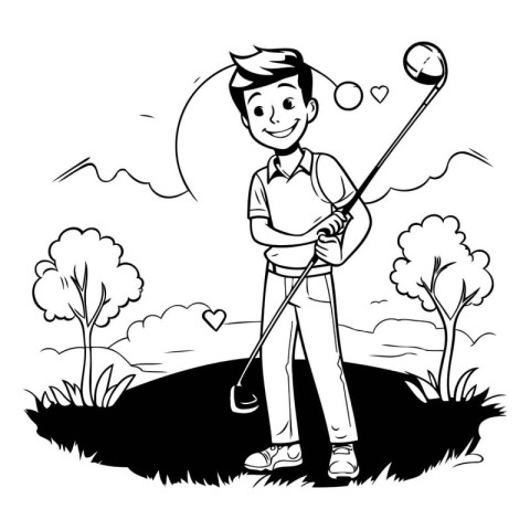 Golfer playing golf in the field. black and white vector illustr