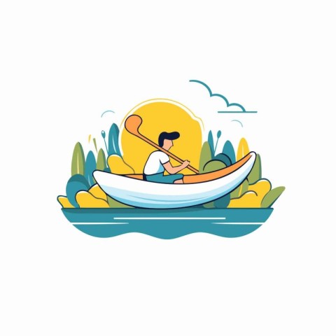 Man kayaking in the river. Vector illustration in flat style.