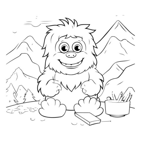 Sketch for coloring book: funny cartoon lion in the mountains