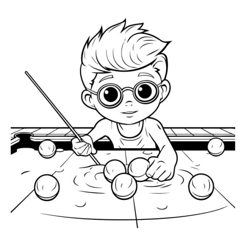 Cute little boy playing pool. Black and white vector illustratio