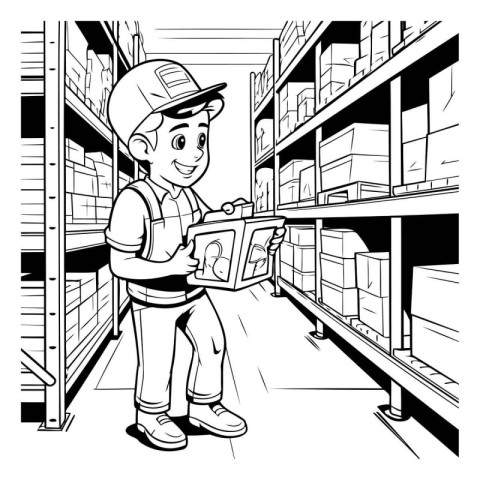 Black and White Cartoon Illustration of a Delivery Boy Holding a