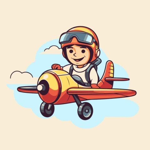 Little boy pilot in a helmet with a toy airplane. Vector illustr