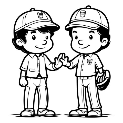 Black and White Cartoon Illustration of Two Boys Holding Hands o