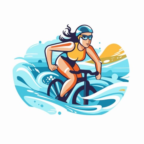 Cyclist riding a bike in the sea. Vector illustration.