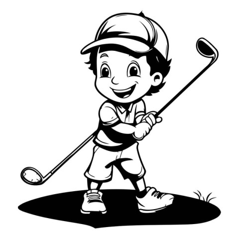 Illustration of a Little Boy Playing Golf - Black and White Cart