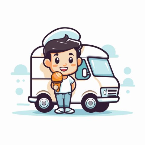 Cute cartoon delivery man with ice cream truck. Vector illustrat