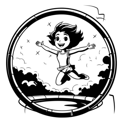 Black and white illustration of a happy boy jumping on a trampol