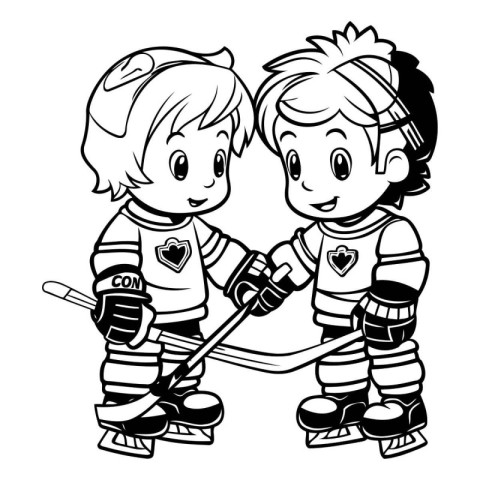 Boy and girl playing ice hockey. black and white vector illustra