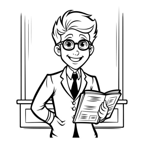 Teacher with a book in his hands. black and white vector illustr