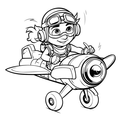 Black and White Cartoon Illustration of Cute Kid Pilot Character