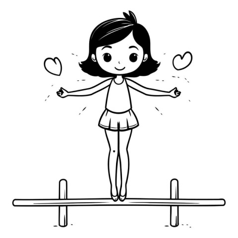 Cartoon girl jumping on a seesaw. Black and white vector illustr