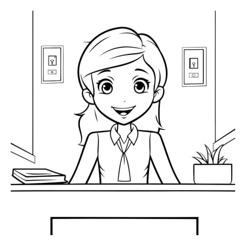 Businesswoman at desk in office cartoon black and white vector i