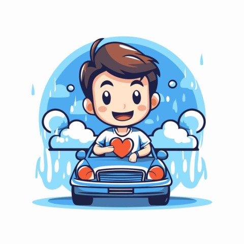 Cute boy driving a car with heart in his hand. Vector illustrati