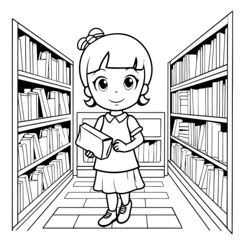 cute little student girl in library cartoon vector illustration