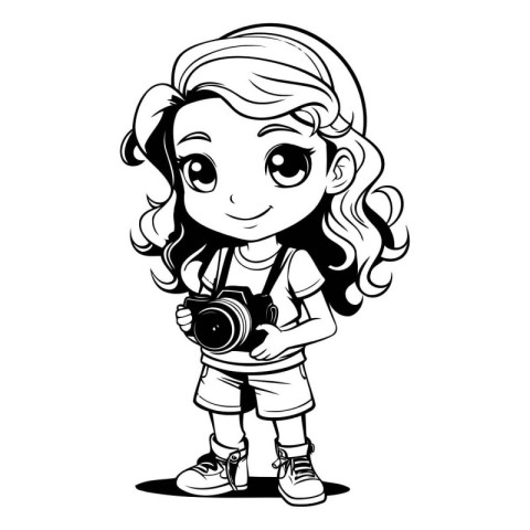 Vector illustration of a cute little girl with a camera on a whi