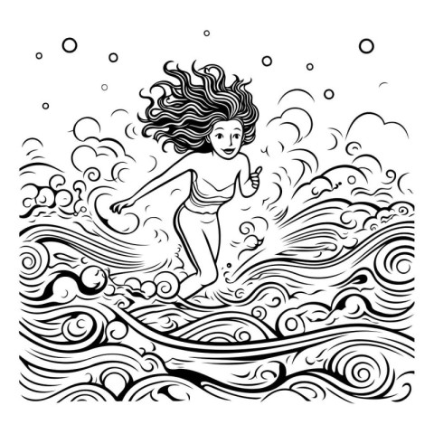 Beautiful girl surfer on a wave. Vector illustration in doodle s