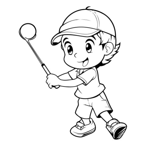 Golfer - Black and White Cartoon Illustration of a Kid Boy Playi