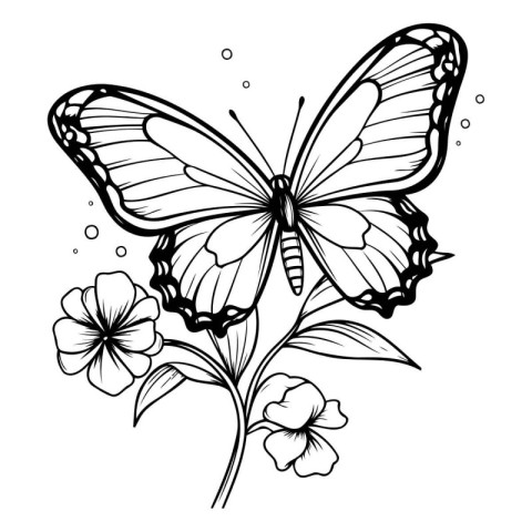 Butterfly and flower. Black and white vector illustration for co