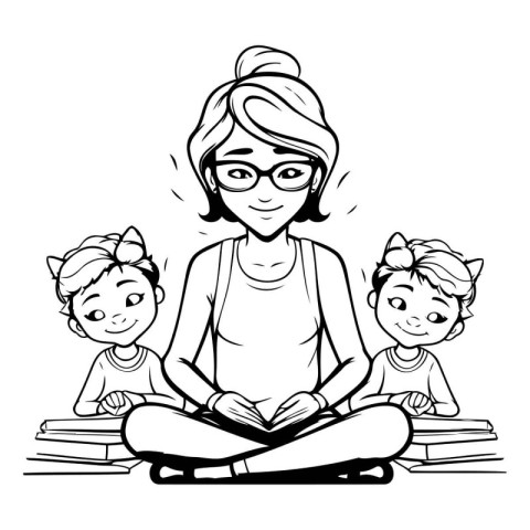 Black and white illustration of a teacher sitting on a lotus pos