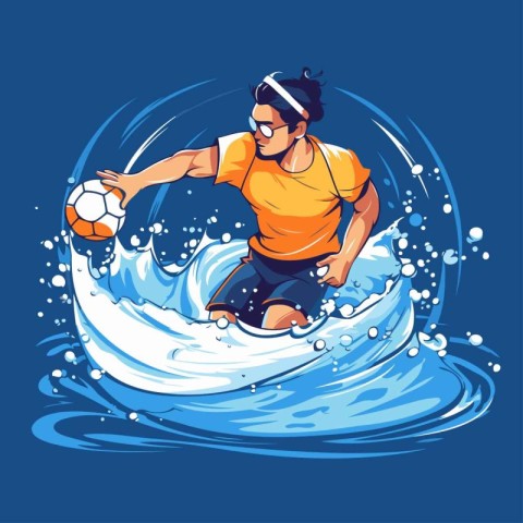 Water polo player with a ball on the wave. Vector illustration