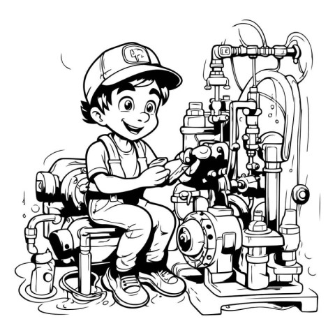 Cartoon Illustration of Cute Kid Boy Repairing Oil Equipment