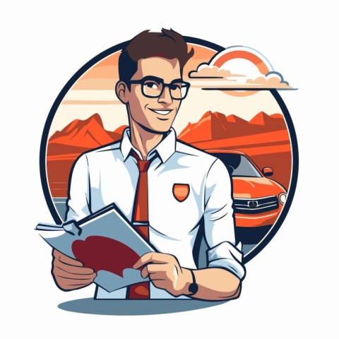 Vector illustration of a young man holding a book and a car.