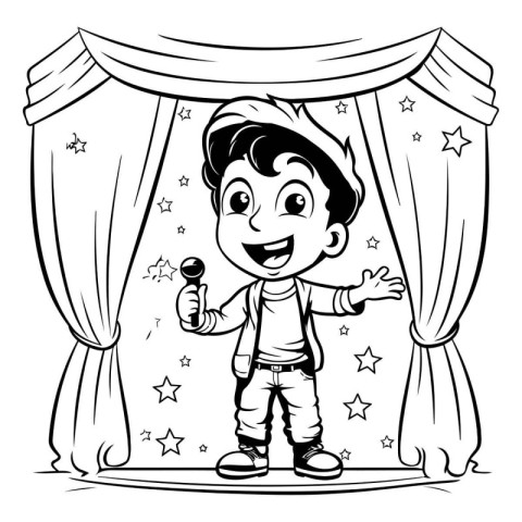 Black and White Cartoon Illustration of Kid Boy Opening Stage Cu