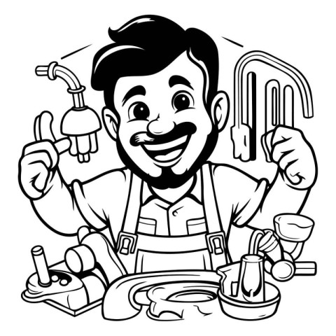 Black and White Cartoon Illustration of a Plumber or Plumber wit