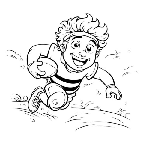 Black and White Cartoon Illustration of Kid Rugby Player Running