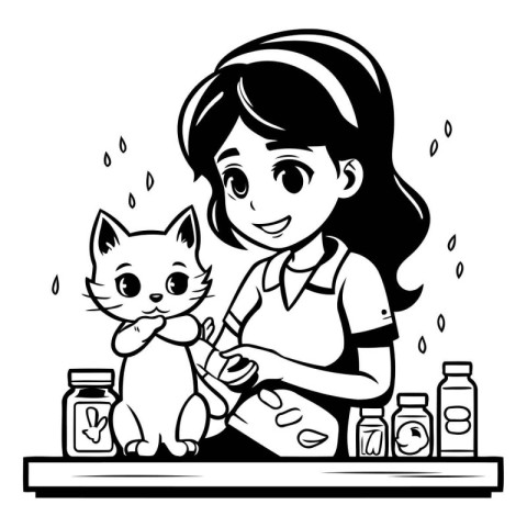 Girl washing cat in the kitchen. Black and white vector illustra