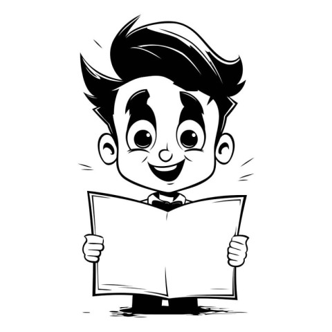 Black and White Cartoon Illustration of a Kid Boy Reading a Book